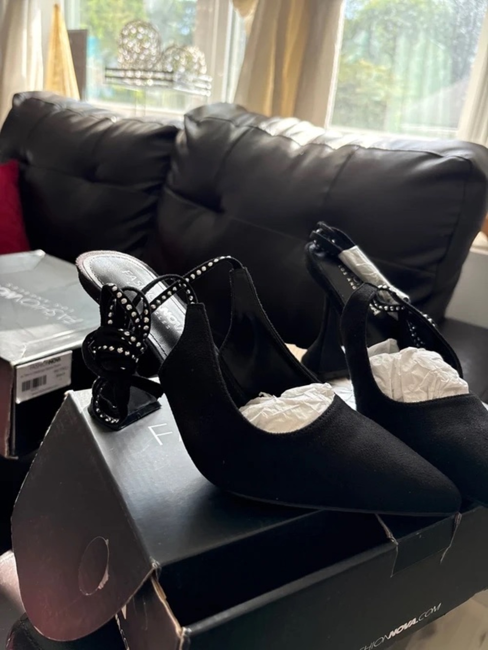 Fashion Nova Black Studded Slingback Pointed Heels